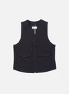 The Black Twill Field Waistcoat, a dark-colored vest with button closure and pockets, is laid flat on a white background. The waistcoat has a tailored fit.