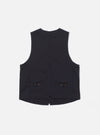 Back view of the Black Twill Field Waistcoat on a white background. The waistcoat is dark with brown buttons and a tailored fit.