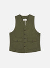 Light Olive Twill Field Waistcoat on a white background. The vest is light olive with brown buttons and two front pockets. The waistcoat is made of twill.