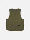Back view of a Light Olive Twill Field Waistcoat on a white background. The waistcoat is a light olive color and has a tailored fit with brown buttons.