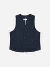 The Navy Twill Field Waistcoat, in dark blue twill, is laid flat on a white background. It features a v-neck, button closure, and two chest pockets.