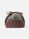 Close-up of cableami® Olive Military Nylon Twill Boa Aviator hat. Olive nylon with brown boa trim and tie. Shot on a white background.