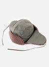 The cableami® Olive Military Nylon Twill Boa Aviator hat is shown isolated against a white background. It features a shiny olive green nylon body, plush brown faux fur ear flaps and front trim, along with chin ties for securing the hat.