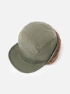 cableami® Olive Military Nylon Twill Cap on a white background. The olive cap features a twill texture and ear flaps with a soft, brown lining. 