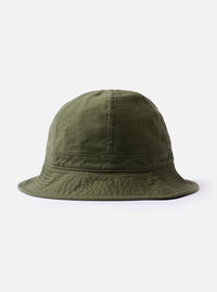 The cableami Dark Olive Baker Back Satin Cotton Metro Hat is shown as a flat lay against a plain white background. The six-panel bucket hat features a textured dark olive green sateen fabric, a top button, and a tonal stitched brim. A detachable black drawstring cord with a toggle and plastic clips is attached to the sides.