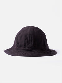 The cableami Black Baker Back Satin Cotton Metro Hat is shown as a flat lay against a white background. The hat is a six-panel bucket style featuring a rounded crown and a downwards-sloping brim with tonal stitching. The black back-satin cotton fabric has a subtle, textured appearance.