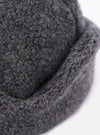 Close-up of the cableami® Grey Recycled Wool Flight Watch Cap showing the texture and construction of the grey wool material. Shot on a white background.