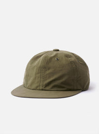 The cableami Olive/Grey Cotton/Nylon B.B Cap is shown as a flat lay against a white background. The cap features a two-tone six-panel construction with a flat peak and small eyelet details. The design highlights the contrast between the olive and grey panels of the cotton-nylon blend fabric.