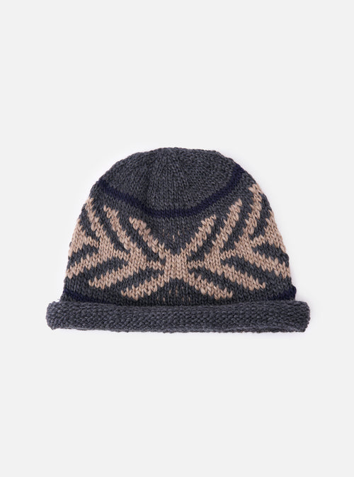 cableami® Grey Wool Jacquard Watch Cap on a white background. The wool hat has a jacquard pattern in grey and beige. The fit is snug.