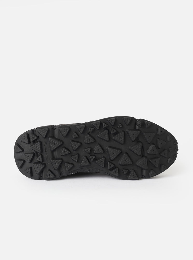 Detailed close-up shot of the Flower Mountain Dark Grey/Black/Dark Brown Suede/Nylon Yamano 3 Man sneaker against a clean white background. Features include textured grey suede overlays, reinforced stitching, unique eyelets, and patterned laces.