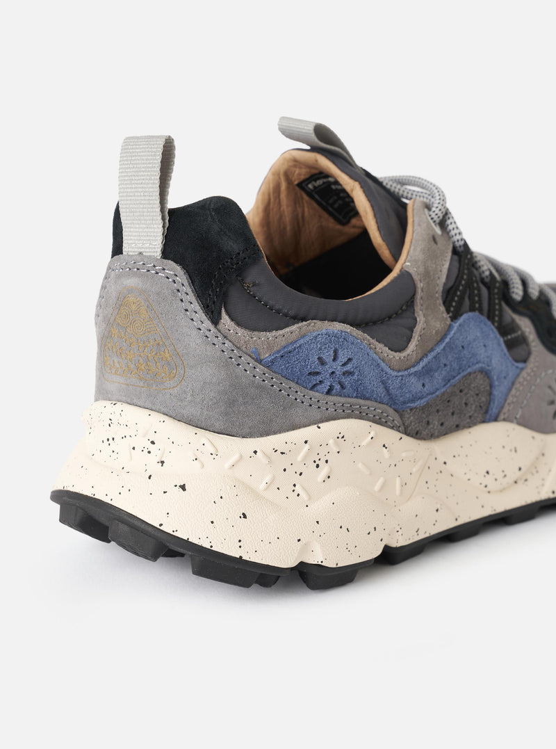 Top-down view of the pair of Flower Mountain Dark Grey/Grey/Navy Suede/Nylon Yamano 3 Man sneakers positioned against a plain studio background. Prominent features include the intricate lace-up closure, grey suede trim, and cork insoles.