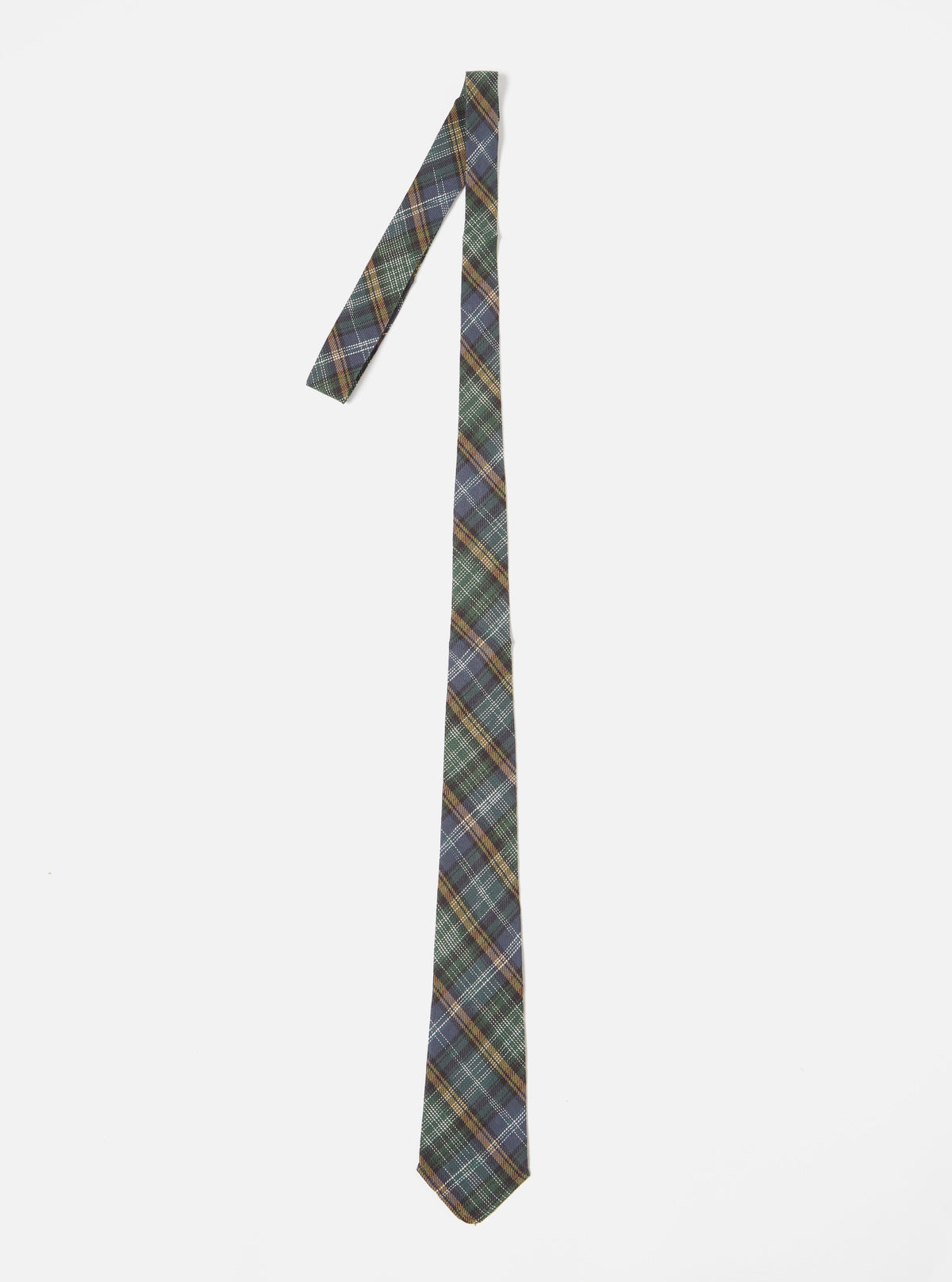 The Green Ikat Twill Check Tie is displayed on a white background. The tie features a green, blue, and gold check pattern.