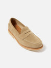Studio shot of a Sanders for Universal Works Milkshake Suede Edwin Loafer. The light brown suede shoe is on a white background.
