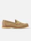 Side view of a Sanders for Universal Works Milkshake Suede Edwin Loafer on a white background. The shoe is a light tan color and made of suede.