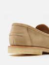 Close-up of the heel of a Sanders for Universal Works Milkshake Suede Edwin Loafer on a white background. Shows the suede texture and sole.