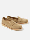 Sanders for Universal Works Milkshake Suede Edwin Loafer shoes. Soft tan suede, classic loafer fit. Studio shot on white background.
