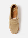 Close-up of a Sanders for Universal Works Milkshake Suede Edwin Loafer on a white background. The light brown suede shoe has a classic loafer design.