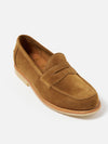Close-up of a Sanders for Universal Works Tobacco Suede Edwin Loafer on a white background. The tobacco-colored suede loafer features a classic design.