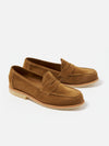 Studio shot of Sanders for Universal Works Tobacco Suede Edwin Loafer. Stylish brown suede penny loafers on a white background.
