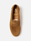 Close-up of a Sanders for Universal Works Tobacco Suede Edwin Loafer on a white background. The tobacco-colored suede loafer features a classic design.