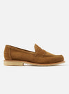 Studio shot of a Sanders for Universal Works Tobacco Suede Edwin Loafer. The tobacco-colored suede loafer features a light-colored sole. The background is a bright white.