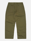 The Light Olive Twill Duke Pant laid flat on a white background. The pants are light olive and made of twill. They have a relaxed fit.