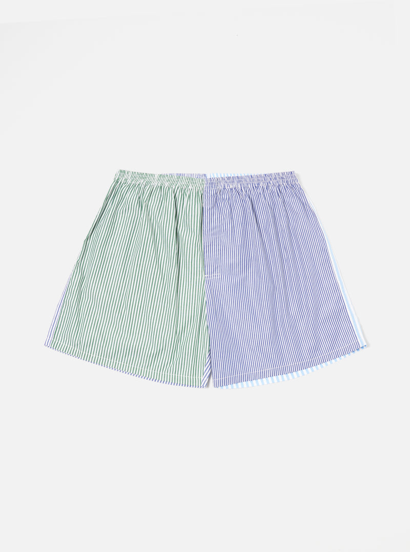 The Blue Classic Mix Boxer Short, featuring green and blue stripes, is laid flat on a white background. The fit is loose and comfortable.