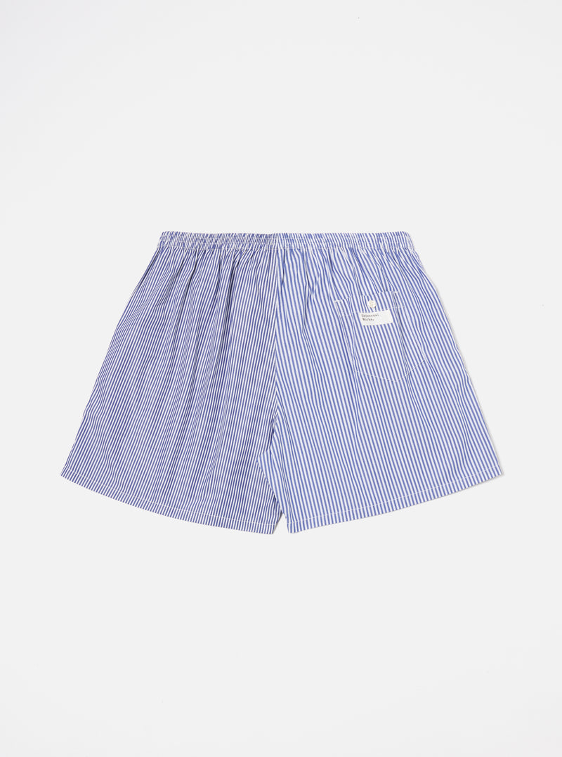 The Blue Classic Mix Boxer Short on a white background. The shorts are blue and white striped with an elastic waistband.