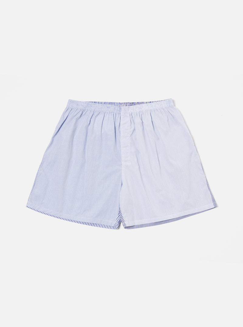 The Blue Classic Mix Boxer Short, laid flat on a white surface. The boxer short is blue and white striped, with an elastic waistband. The image is well-lit and in focus.