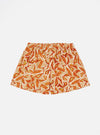 Flat lay of the Terracotta Artist Flower Lincot Boxer Short on a white background. The shorts have a terracotta and beige floral print and an elastic waistband.