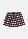 The Navy/Brown Check Ikat Boxer Short on a white background. The shorts have a navy, brown, and white check pattern and an elastic waistband.