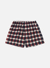 The Navy/Brown Check Ikat Boxer Short on a white background. The shorts feature a navy, brown, and white check pattern and an elastic waistband.