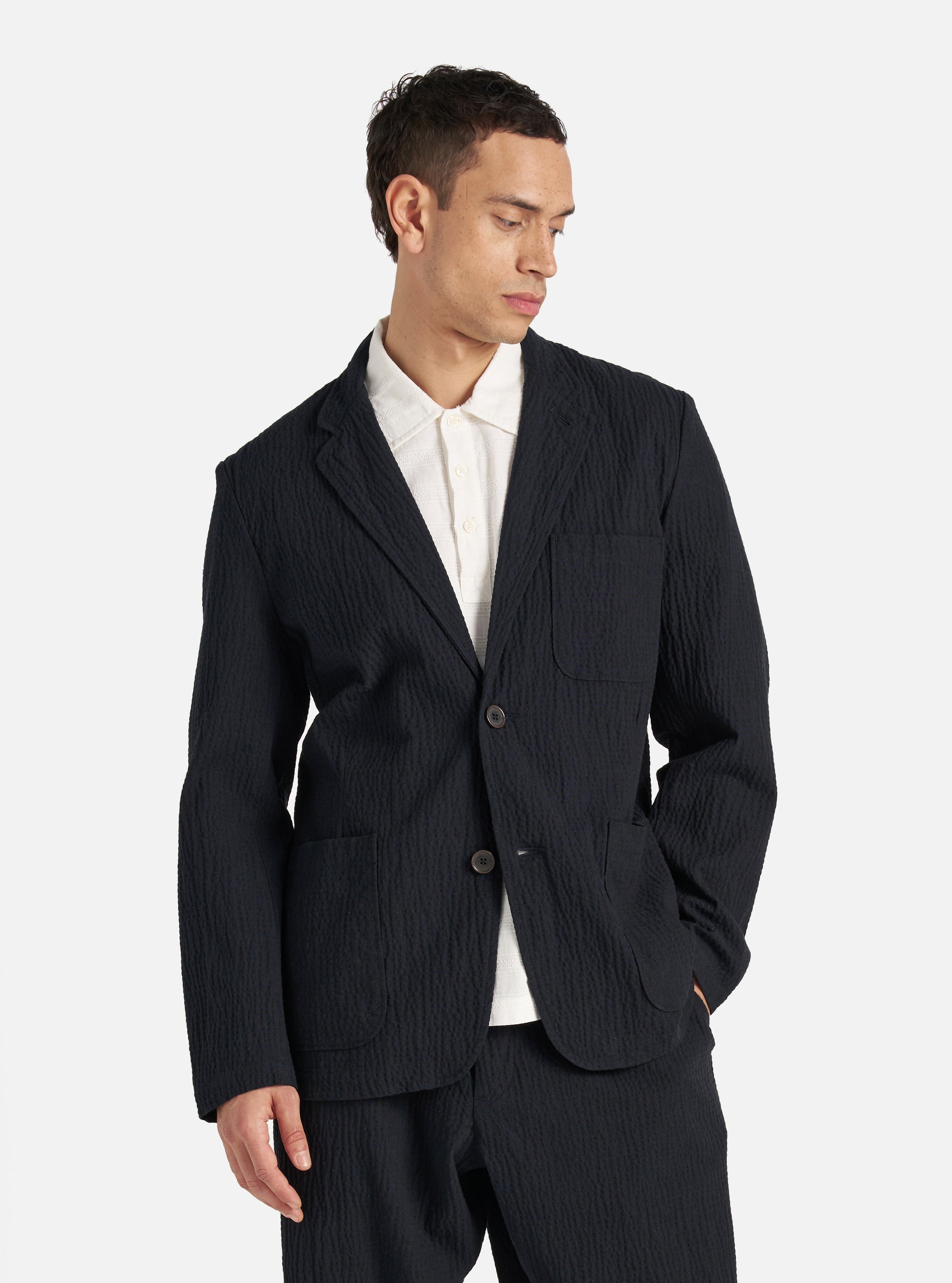 Dark Navy Ospina Cotton Two Button Jacket