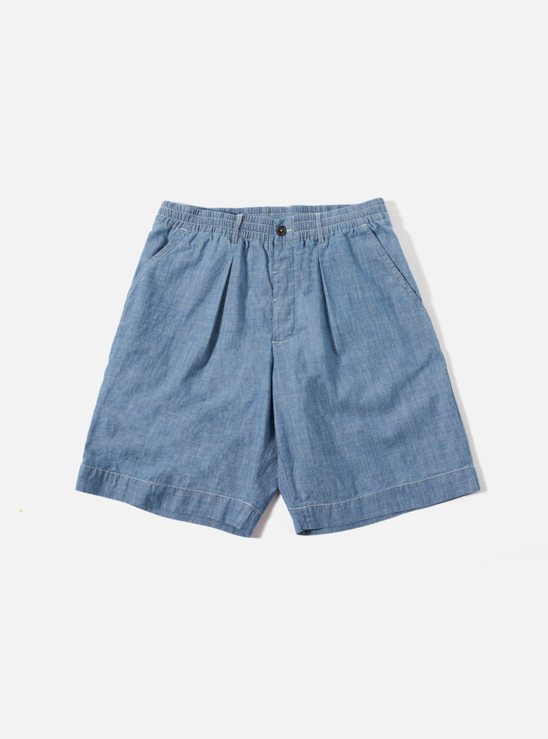 Washed Indigo Chambray Pleated Track Short
