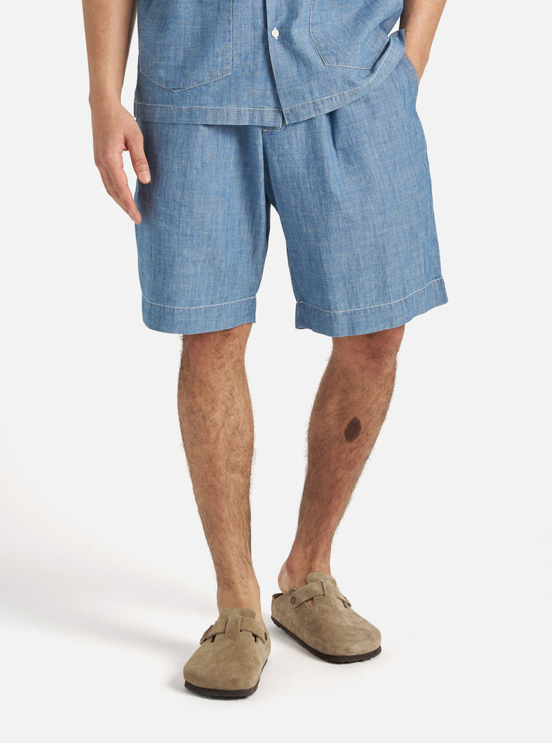 Washed Indigo Chambray Pleated Track Short