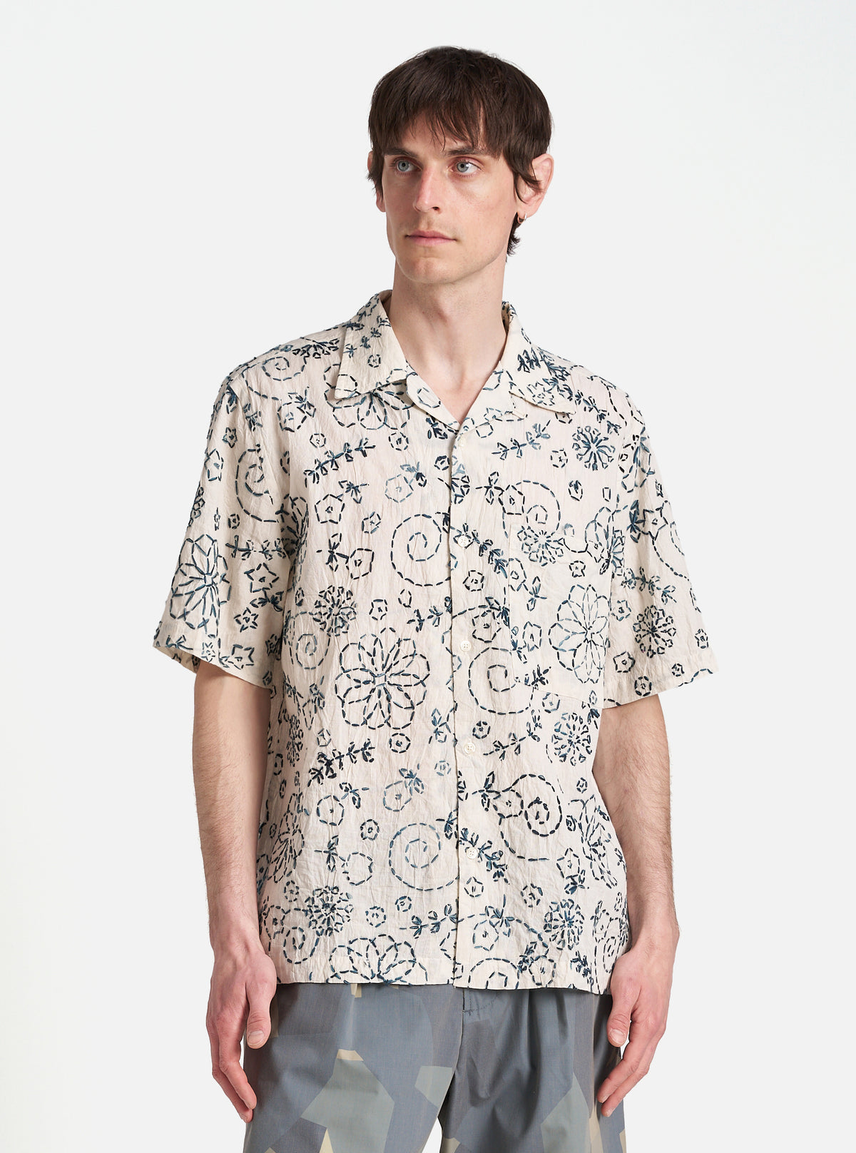 Charcoal Kantha Cotton Camp Shirt