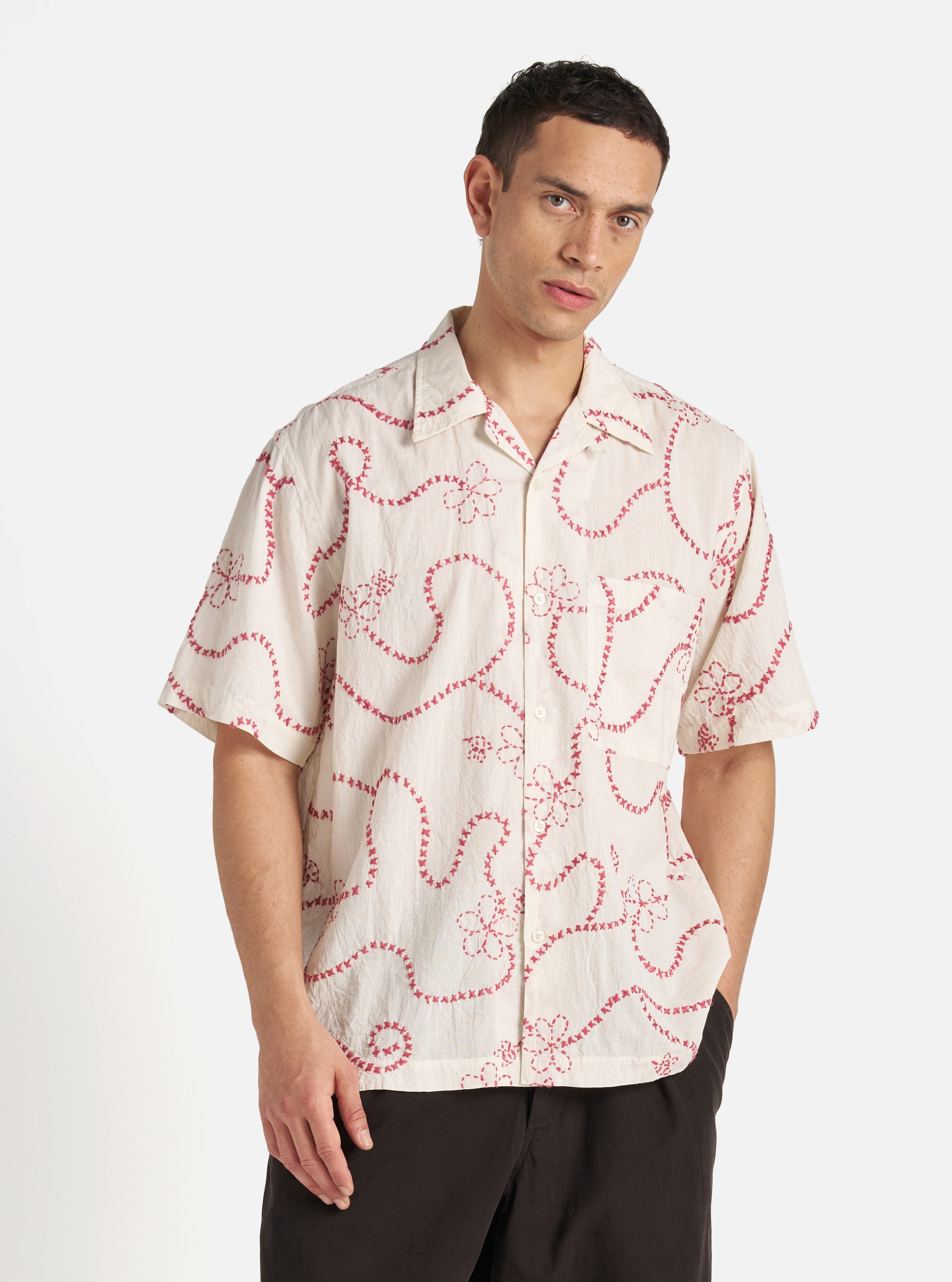 Ecru Terracotta Kantha Cotton Camp Shirt