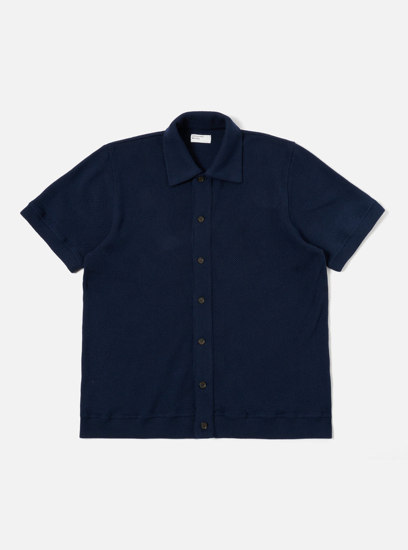 Bright Navy Fantasy Checkerboard Button Through Polo