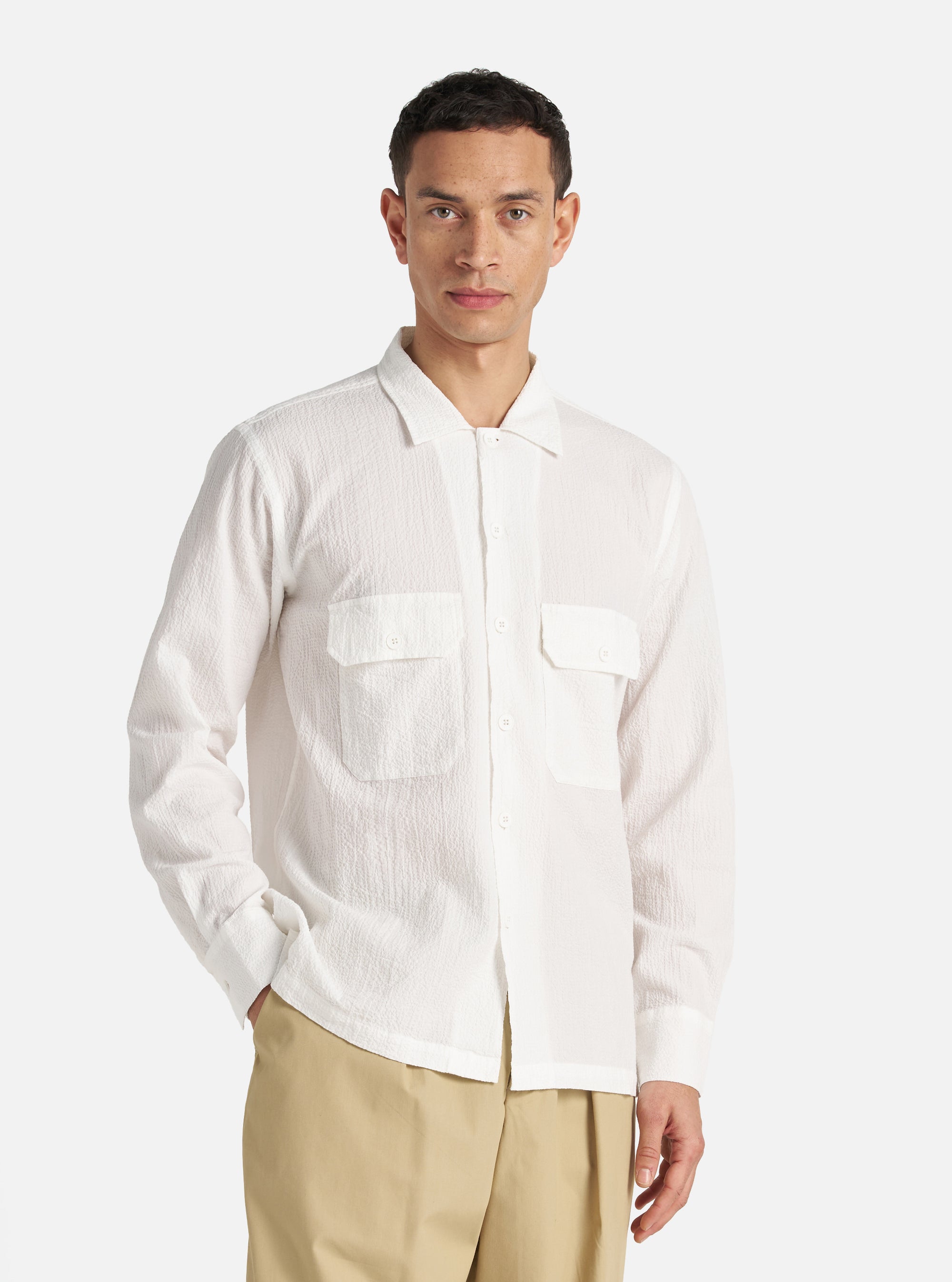 White Seersucker L/S Utility Shirt