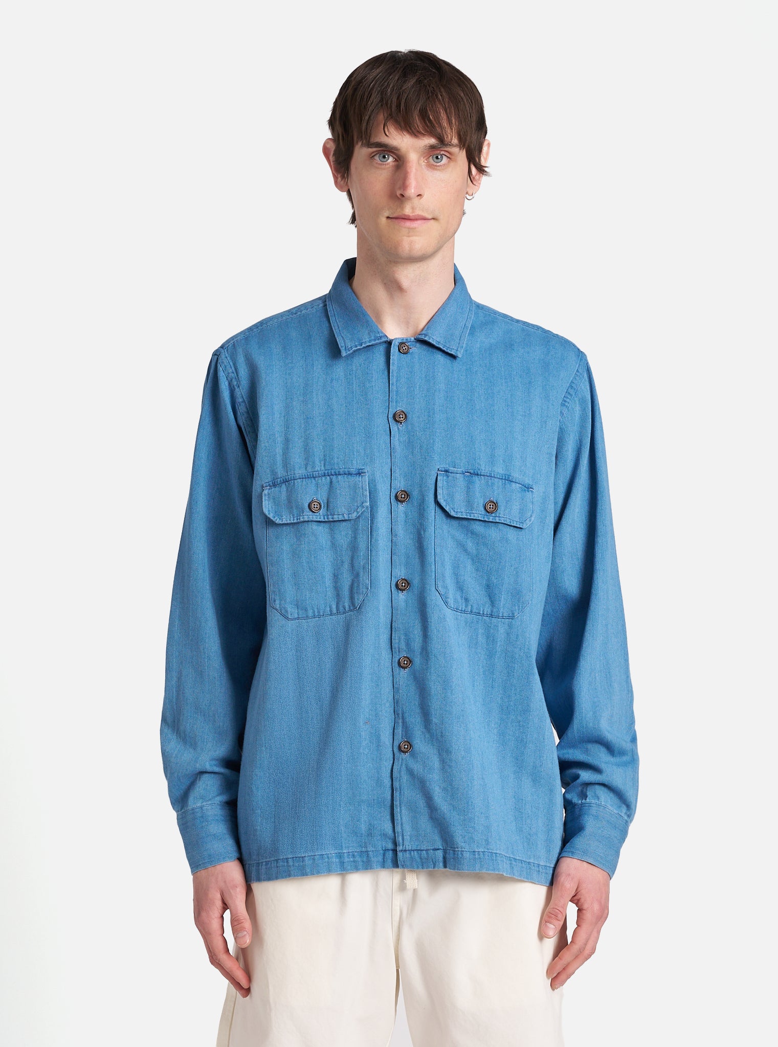 Washed Indigo Herringbone Denim L/S Utility Shirt