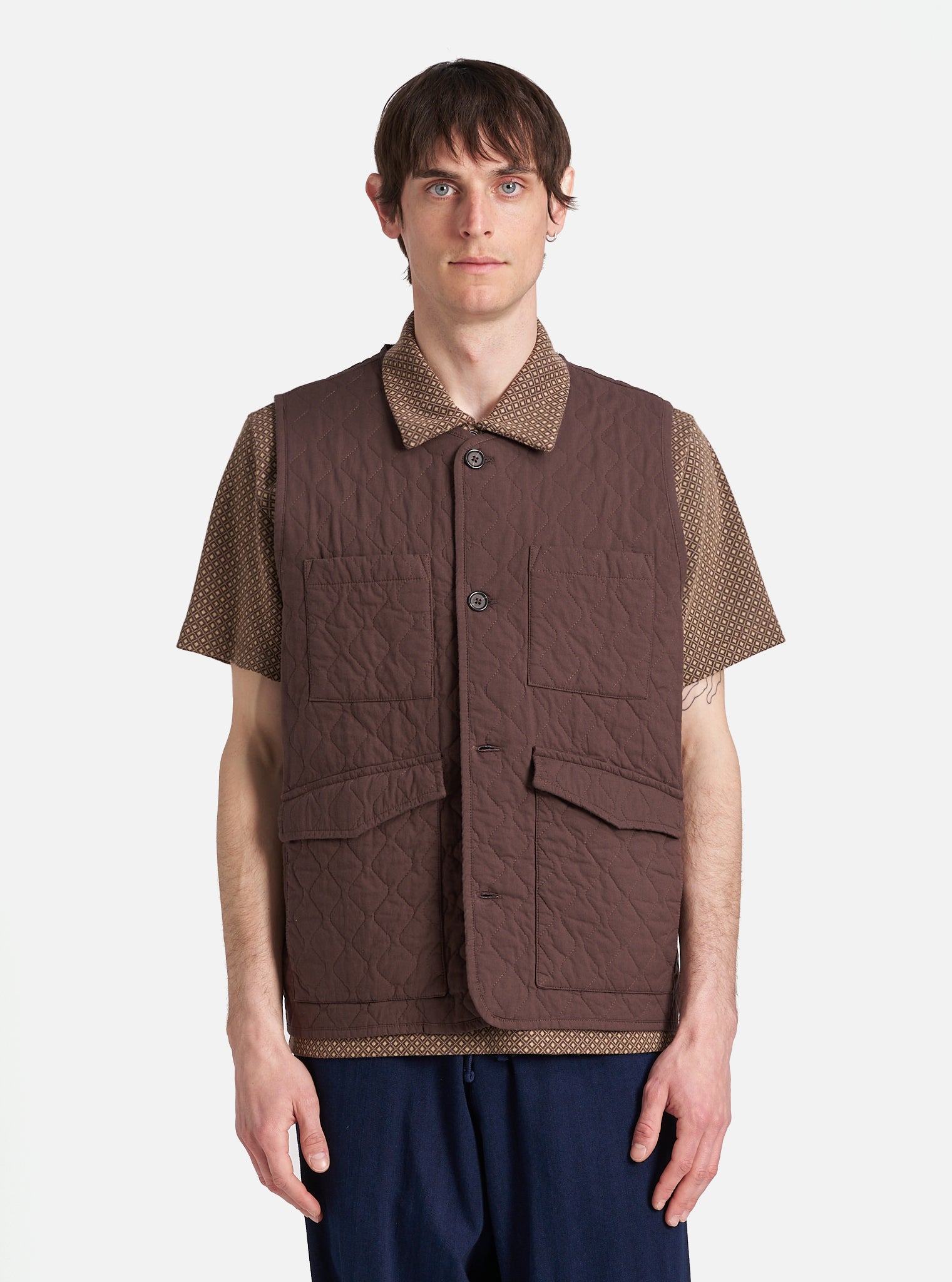 Brown Quilt Cotton 4 Pocket Gilet