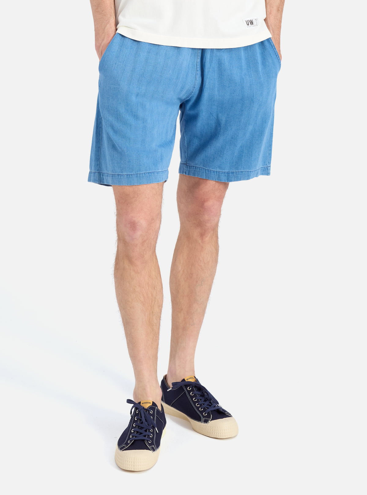 Washed Indigo Herringbone Denim Simple Short