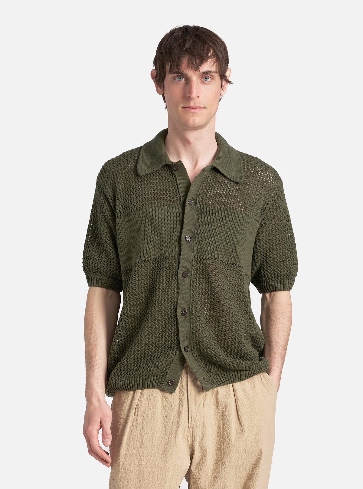 Olive Open Knit S/S Knit Shirt