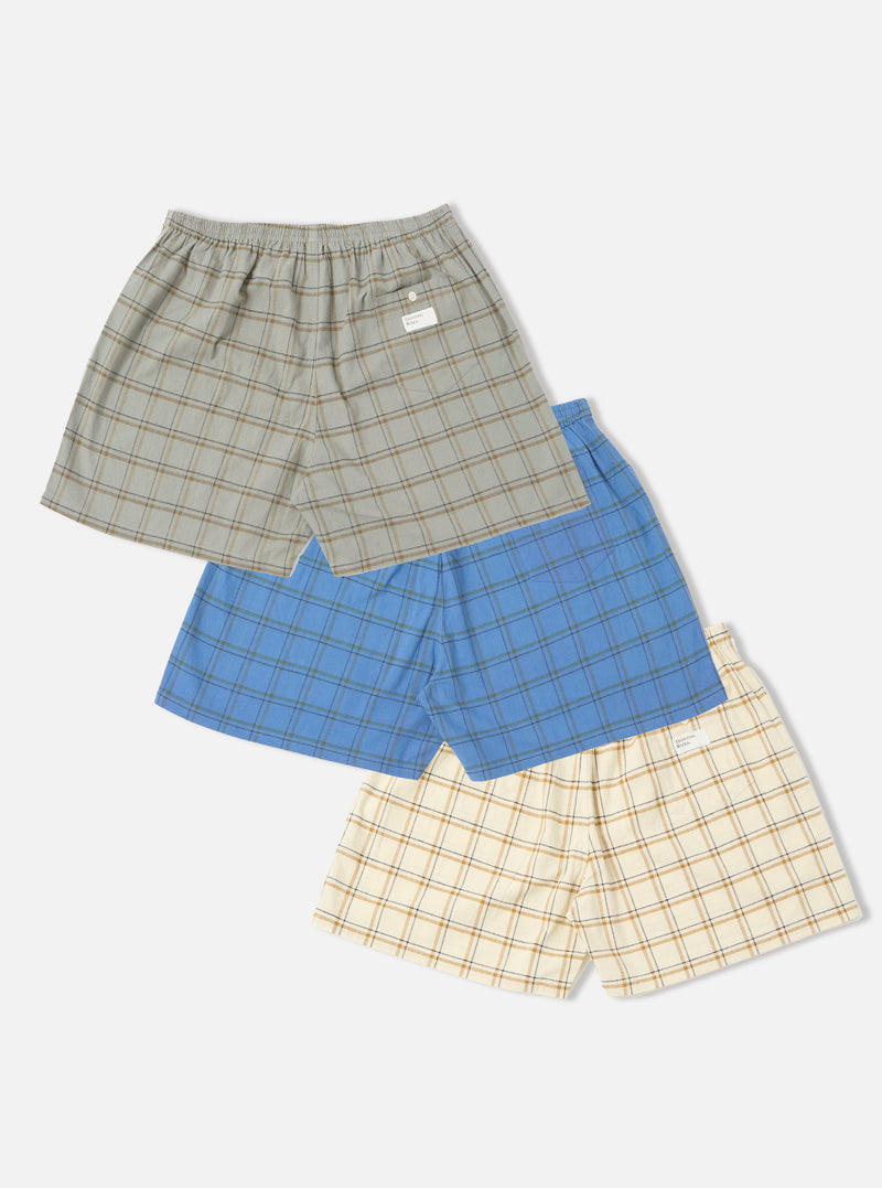 Stacked Multi PJ Plaid 3 Pack Boxer Short set. Colors include gray, blue and cream. Elastic waist. On a white background.