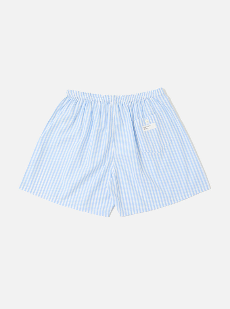 The Blue Classic Stripe Boxer Short on a white background. These cotton shorts feature light blue and white stripes, an elastic waistband, and a small back pocket.