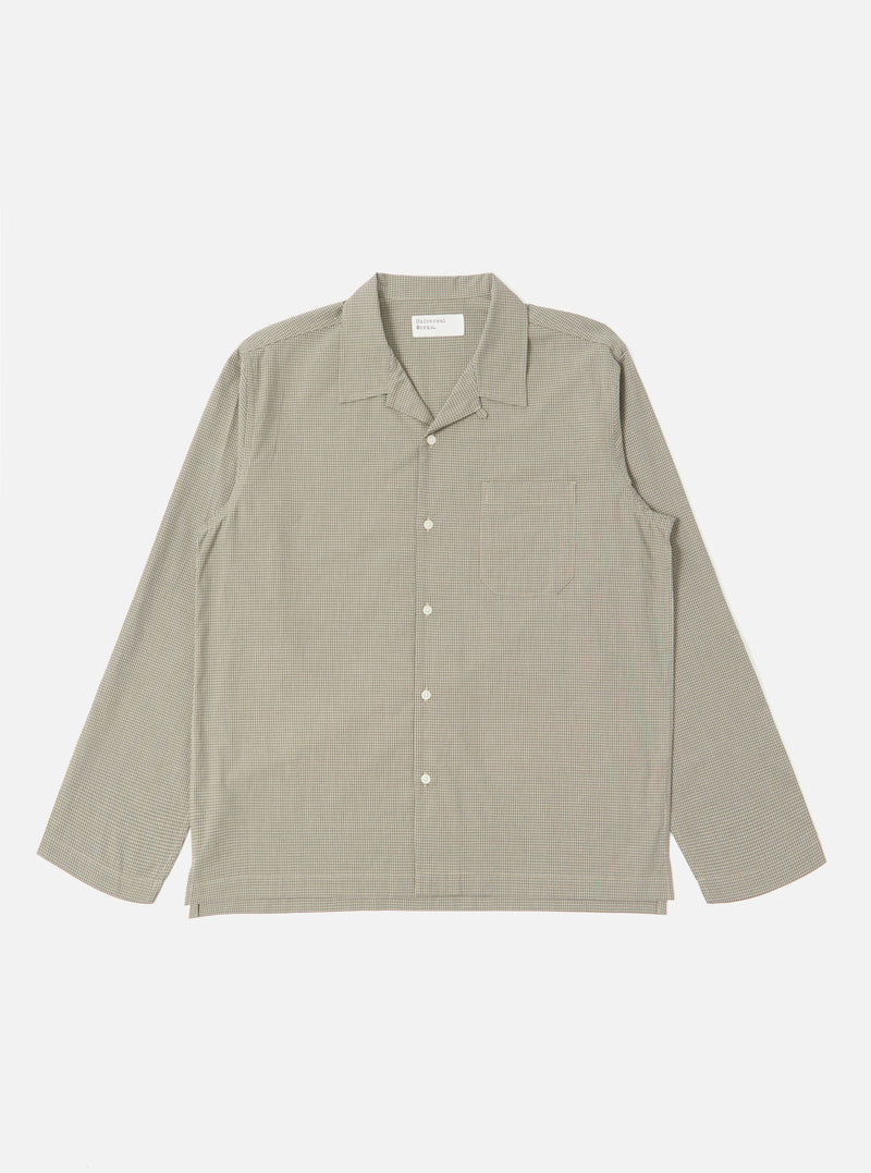 The Green Tiny Check Long Pyjama Set is laid flat on a white background. The set features a subtle green and white check pattern, long sleeves, and button-down front.