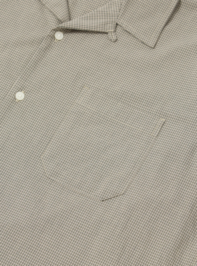 Close-up of the Green Tiny Check Long Pyjama Set top. The fabric is a soft green and white tiny check pattern. Features a pocket and button detail.