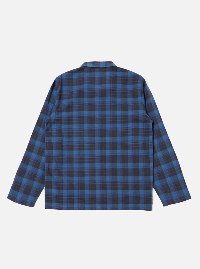 The Navy/Blue Check Long Pyjama Set, laid flat on a white background. The set features a blue and navy check pattern.