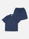 Navy/Blue Check Short Pyjama Set. The set, shirt and shorts, is displayed on a white background. The pyjamas are navy and blue check.