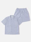 The Navy Classic Stripe Short Pyjama Set. The set is blue and white striped and laid on a white background.